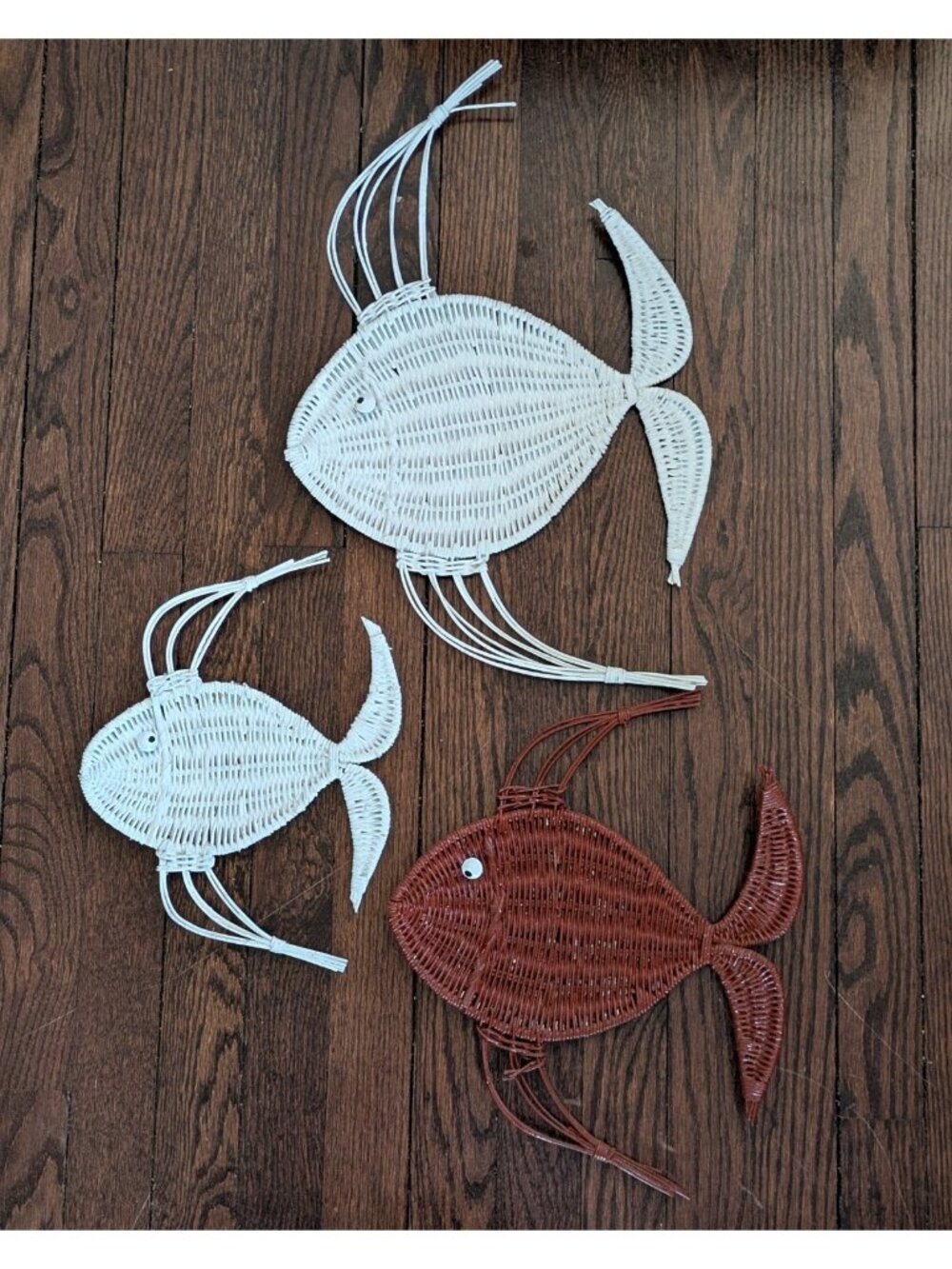 Vtg Set of 3 Wicker Wall Hanging Angel Fish Beach Cottage Boho Nautical 18-10"